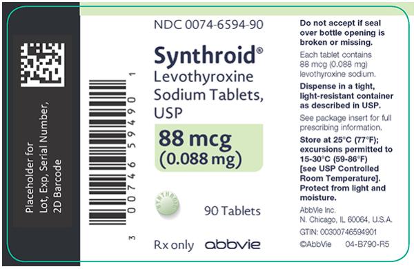 NDC 0074-6594-90 
Synthroid®
Levothyroxine 
Sodium Tablets, 
USP 
88 mcg 
(0.088 mg) 
90 Tablets 
Rx only abbvie 
