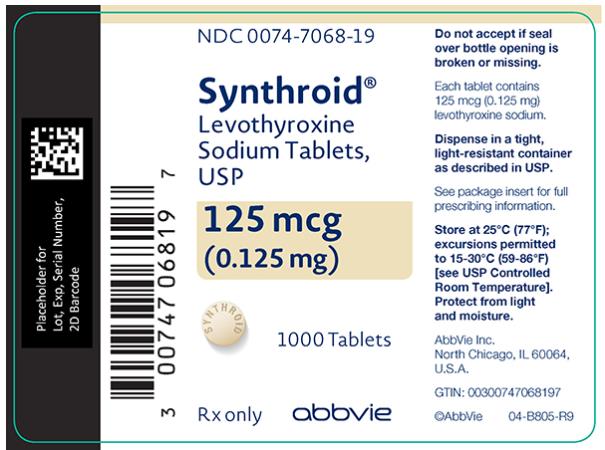 NDC 0074-7068-19 
Synthroid®
Levothyroxine 
Sodium Tablets, 
USP 
125 mcg 
(0.125 mg) 
1000 Tablets 
Rx only abbvie 
