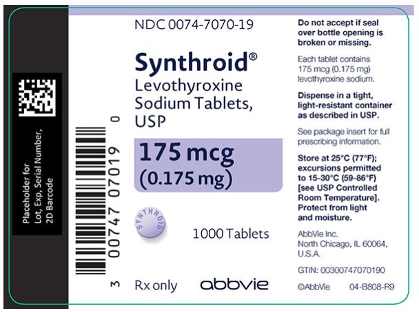 NDC 0074-7070-19 
Synthroid®
Levothyroxine 
Sodium Tablets, 
USP 
175 mcg 
(0.175 mg) 
1000 Tablets 
Rx only abbvie 

