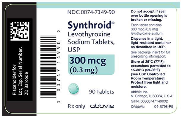 NDC 0074-7149-90 
Synthroid®
Levothyroxine 
Sodium Tablets, 
USP 
300 mcg 
(0.3 mg) 
90 Tablets 
Rx only abbvie 
