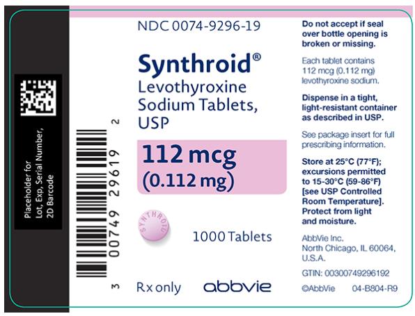 NDC 0074-9296-19 
Synthroid®
Levothyroxine 
Sodium Tablets, 
USP 
112 mcg 
(0.112 mg) 
1000 Tablets 
Rx only abbvie 
