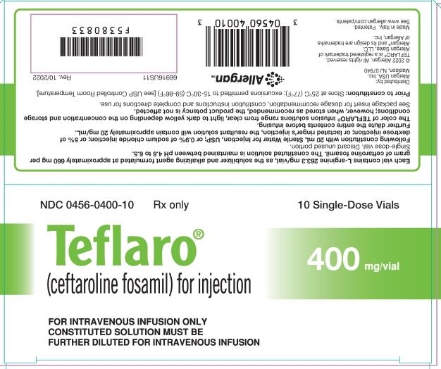 NDC 0456-0400-10
Rx only
Teflaro®
(ceftaroline fosamil) for injection
10 Single-Dose Vials
400 mg/vial
FOR INTRAVENOUS INFUSION ONLY
CONSTITUTED SOLUTION MUST BE
FURTHER DILUTED FOR INTRAVENOUS INFUSION
