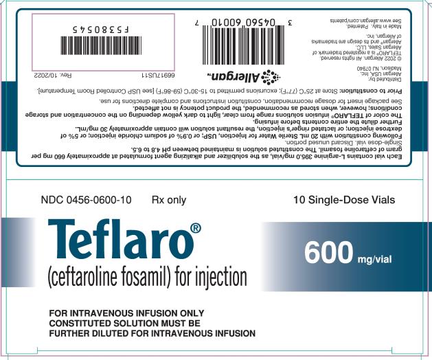 NDC 0456-0600-10
Rx only
Teflaro®
(ceftaroline fosamil) for injection
10 Single-Dose Vials
600 mg/vial
FOR INTRAVENOUS INFUSION ONLY
CONSTITUTED SOLUTION MUST BE
FURTHER DILUTED FOR INTRAVENOUS INFUSION
