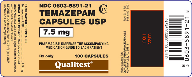 The label for Temazepam Capsules USP 7.5 mg 100 capsules.