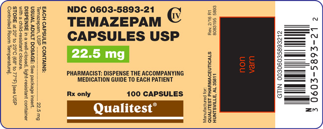 The label for Temazepam Capsules USP 22.5 mg 100 capsules.