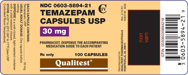 The label for Temazepam Capsules USP 30 mg 100 capsules.