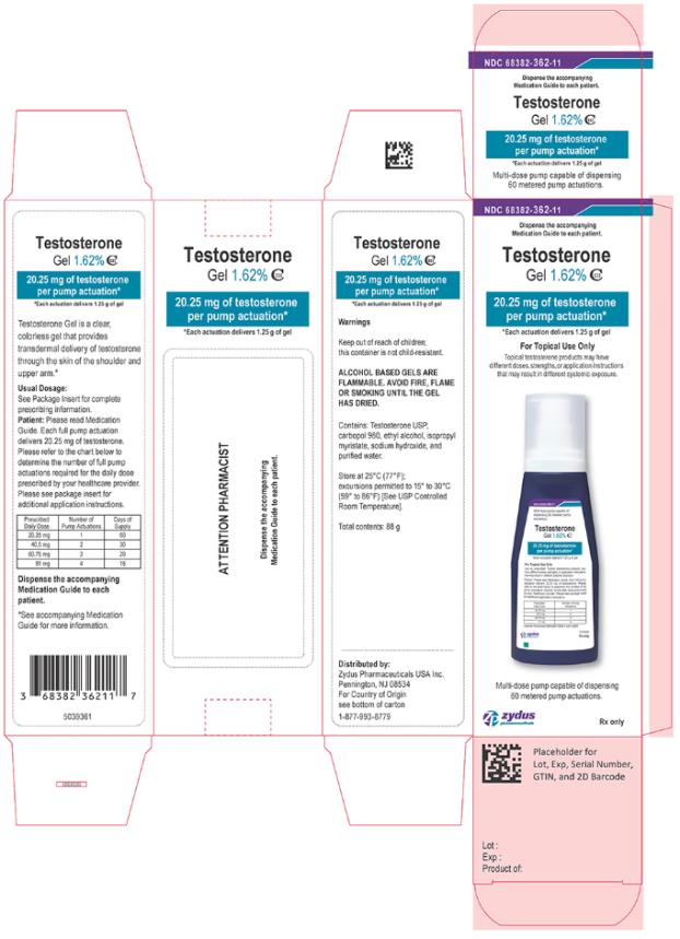 NDC 68382-362-11 
Dispense the accompanying Medication Guide to each patient. 
Testosterone Gel 1.62% CIII 
20.25 mg of testosterone per pump actuation*
*Each actuation delivers 1.25 g of gel 
For Topical Use Only 
Topical testosterone products may have different doses, strengths, or application instructions that may result in different systemic exposure. 
Rx only 
Multi-dose pump capable of dispensing 60 metered pump actuations. 
zydus 
