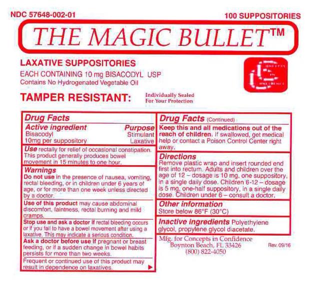 NDC 57648-002-01 
100 SUPPOSITORIES 
THE MAGIC BULLET™
LAXATIVE SUPPOSITORIES
EACH CONTAINING 10 mg BISACODYL USP
Contains No Hydrogenated Vegetable Oil 
TAMPER RESISTANT: Individually Sealed For Your Protection 
