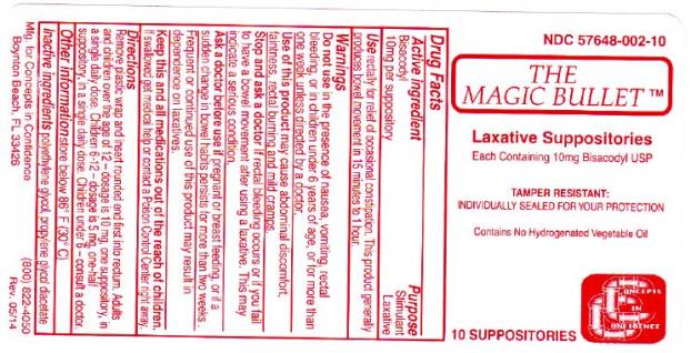 NDC 57648-002-10 
THE MAGIC BULLET™
LAXATIVE SUPPOSITORIES
EACH CONTAINING 10 mg BISACODYL USP

TAMPER RESISTANT: 
INDIVIDUALLY SEALED FOR YOUR PROTECTION

Contains No Hydrogenated Vegetable Oil

10 SUPPOSITORIES 

Concepts in Confidence 
