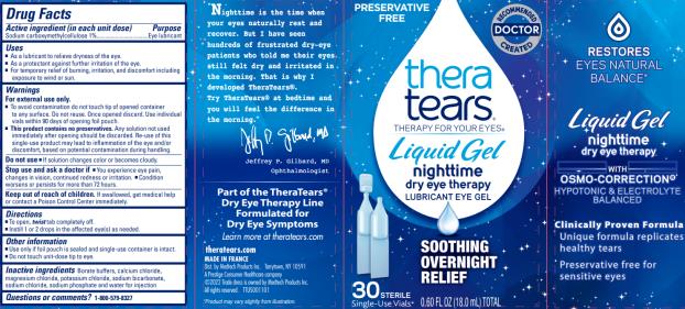 PRESERVATIVE
FREE
RECOMMENDED
DOCTOR
CREATED
thera
tears®
THERAPY FOR YOUR EYES®
Liquid Gel
nighttime
dry eye therapy
LUBRICANT EYE GEL
SOOTHING
OVERNIGHT
RELIEF
30 STERILE
Single-Use Vials* 0.60 FL OZ (18.0 mL) TOTAL
