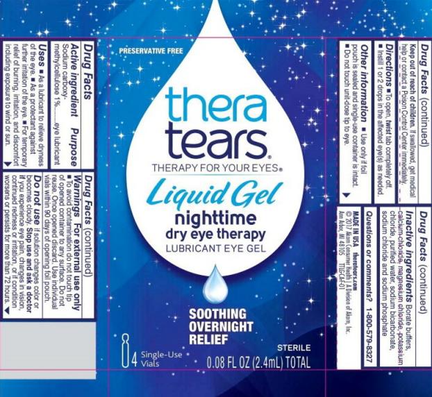PRESERVATIVE
FREE
RECOMMENDED
DOCTOR
CREATED
thera
tears®
THERAPY FOR YOUR EYES®
Liquid Gel
nighttime
dry eye therapy
LUBRICANT EYE GEL
SOOTHING
OVERNIGHT
RELIEF
4 Single-Use Vials 0.08 FL OZ (2.4 mL) TOTAL
