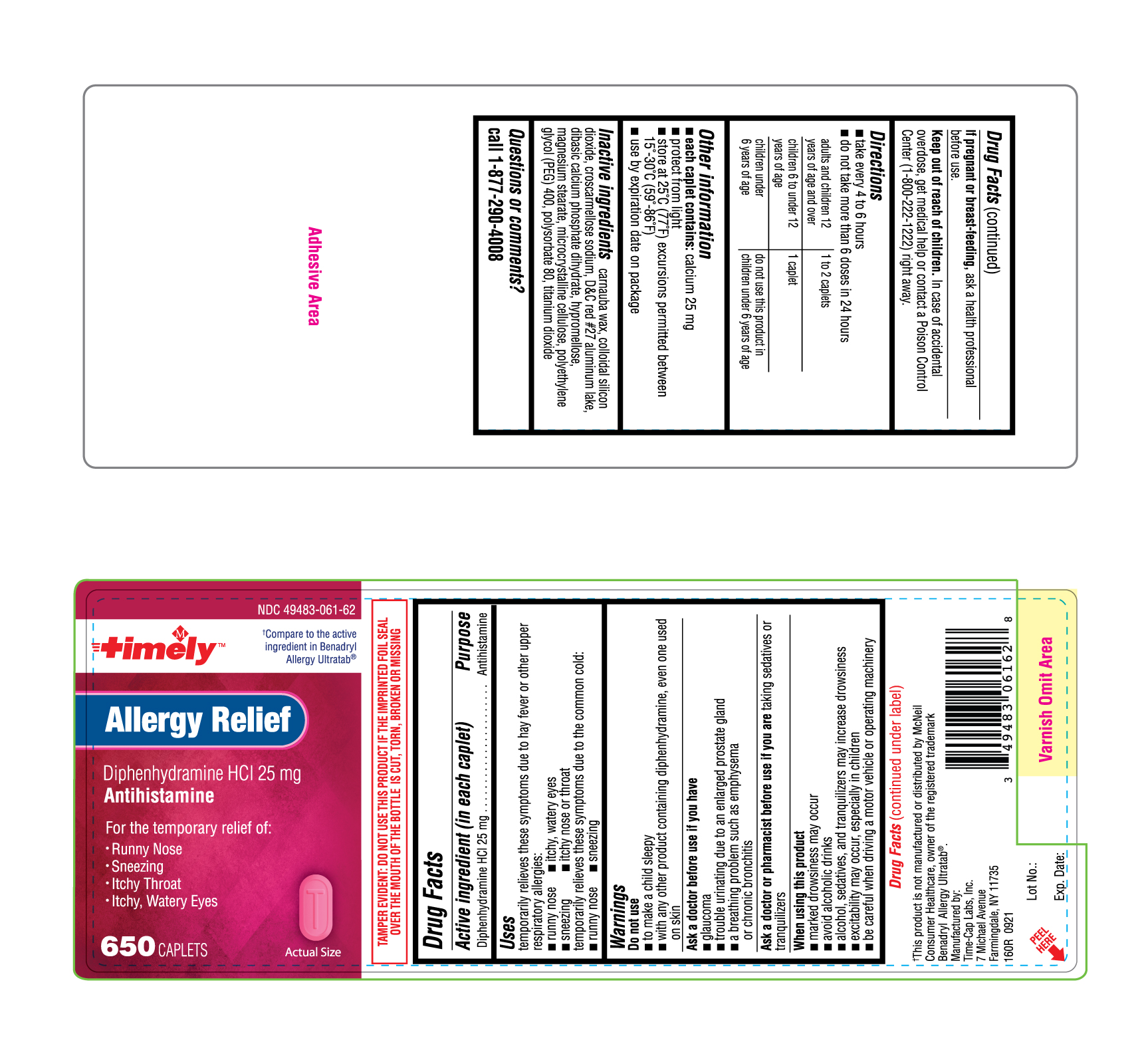 timely 160R Diphenhydramine HCl 25mg bottle label 650ct