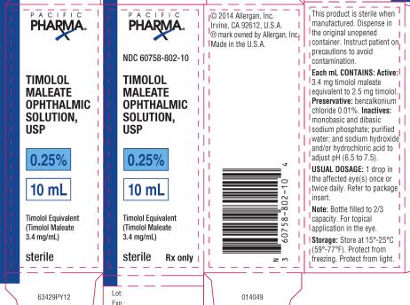 PRINCIPAL DISPLAY PANEL
NDC 60758-802-10
TIMOLOL
MALEATE
OPHTHALMIC
SOLUTION,
USP
0.25%
10 mL
Timolol Equivalent 
(Timolol Maleate
3.4 mg/mL)
Sterile    Rx only
