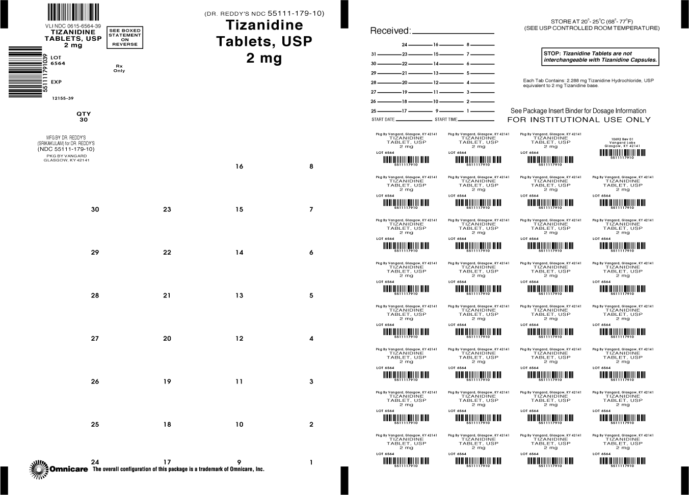 Tizanidine Tablets, USP 2mg bingo card label