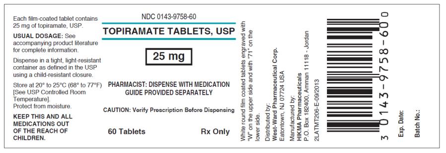 NDC 0143-9758-60 Toporamate Tablets, USP 25 mg Rx only 60 TABLETS