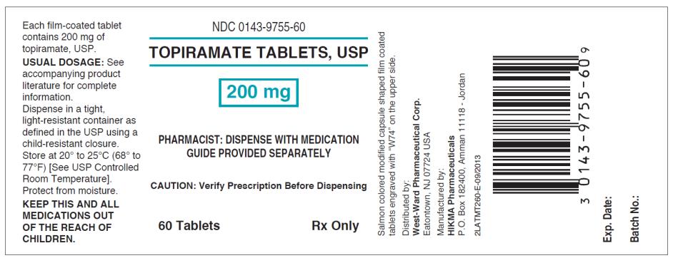NDC 0143-9755-60 Toporamate Tablets, USP 200 mg Rx only 60 TABLETS