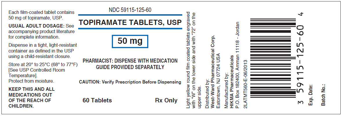 NDC 59115-125-60 Topiramate Tablets, USP 50 mg Rx only 60 TABLETS