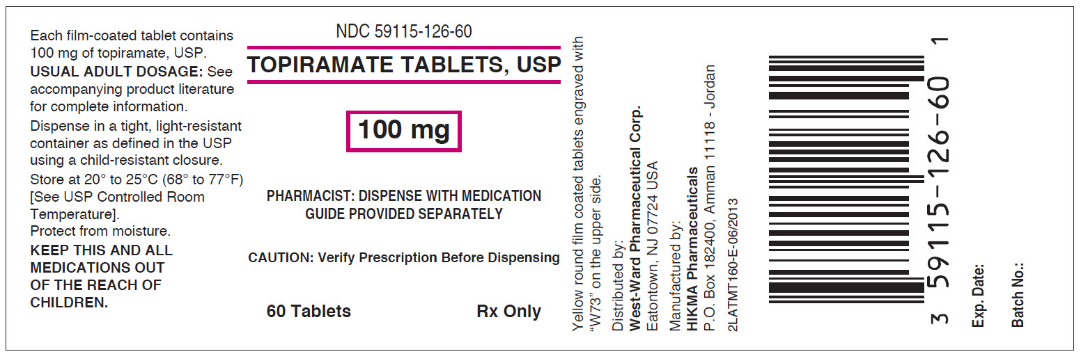 NDC 59115-126-60 Topiramate Tablets, USP 100 mg Rx only 60 TABLETS