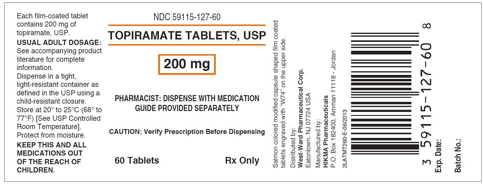 NDC 59115-127-60 Topiramate Tablets, USP 200 mg Rx only 60 TABLETS