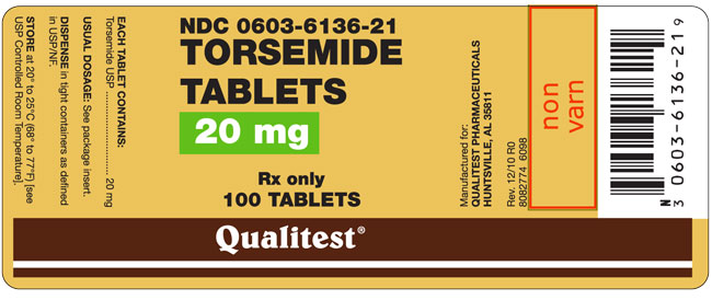 This is an image of the label for Torsemide Tablets 20 mg 100 count.