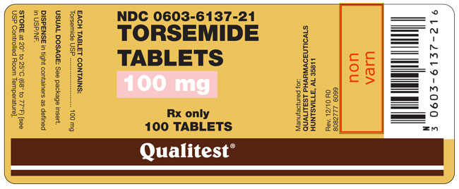 This is an image of the label for Torsemide Tablets 100 mg 100 count.
