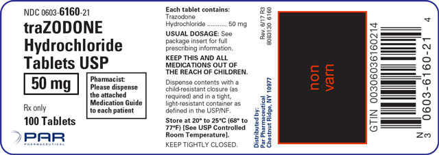This is an image of the label for traZODONE Hydrochloride Tablets USP 50 mg 100 count.