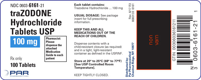 This is an image of the label for traZODONE Hydrochloride Tablets USP 100 mg 100 count.