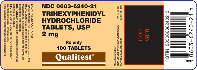 This is an image of the label for Trihexyphenidyl Hydrochloride Tablets, USP 2 mg 100 count.