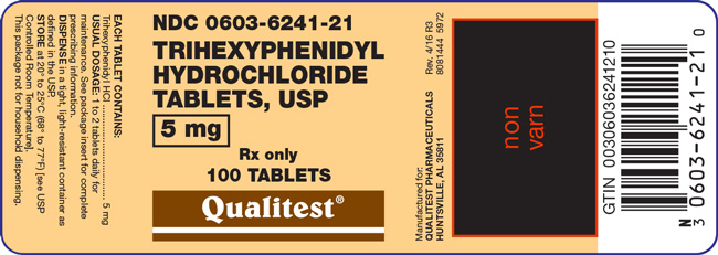 This is an image of the label for Trihexyphenidyl Hydrochloride Tablets, USP 5 mg 100 count.