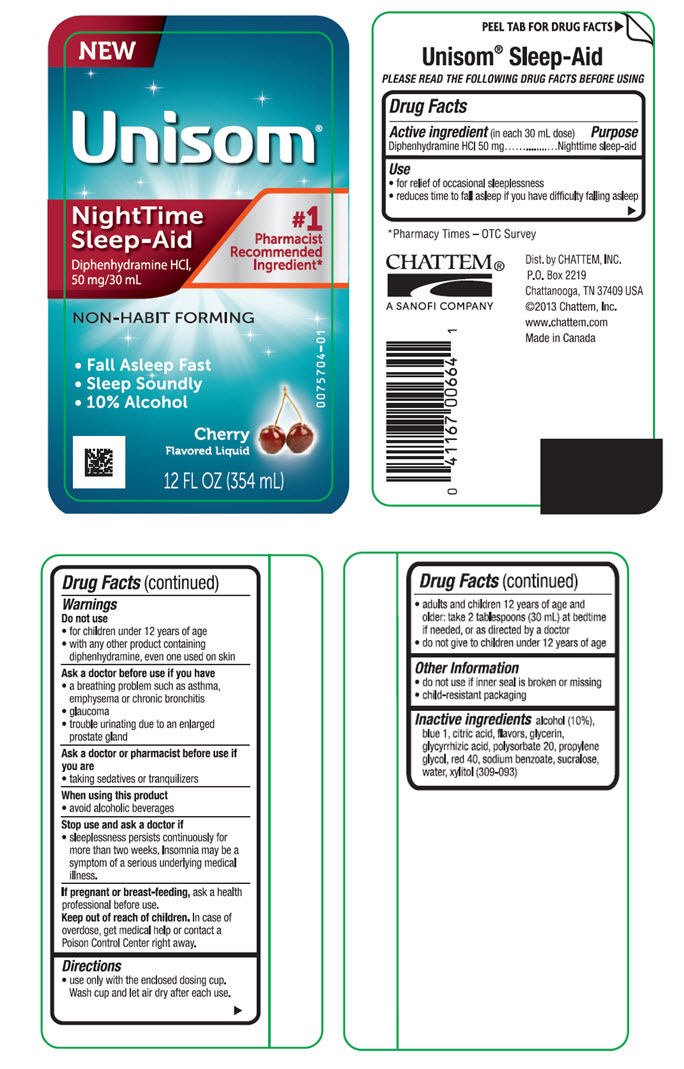 Unisom NightTime Sleep-Aid Diphenhydramine HCI, 50 mg/ 30 mL NON-HABIT FORMING • Fall Asleep Fast • Sleep Soundly • 10% Alcohol Cherry Flavored Liquid 12 FL OZ (354 mL)