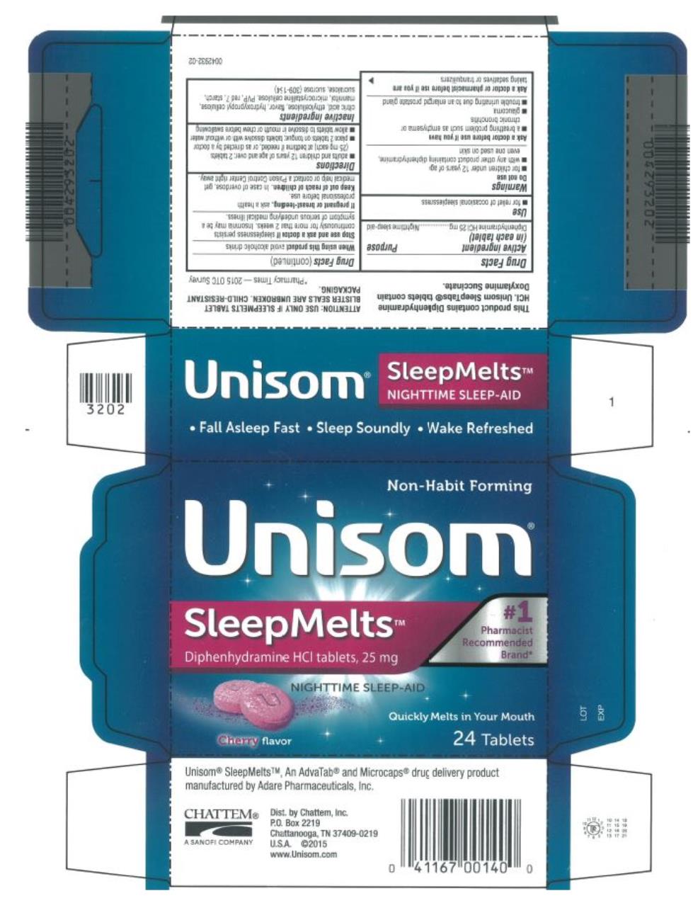 Unisom®
SleepMeltsTM 
Diphenhydramine HCI tablets, 25 mg
NIGHTTIME SLEEP-AID
24 Tablets
