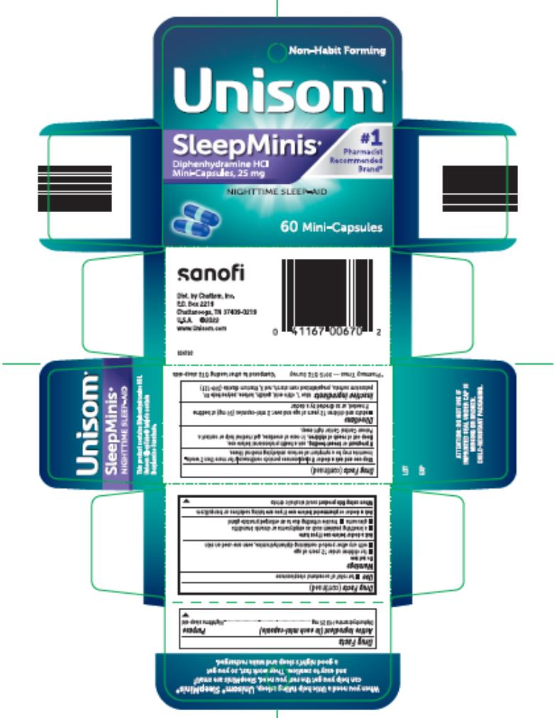Unisom
#1 Pharmacist Recommended Ingredient*  
SleepMinis
Diphenhydramine HCI 
Mini-Capsules, 25 mg
NIGHTTIME SLEEP-AID
60 Mini-Capsules
