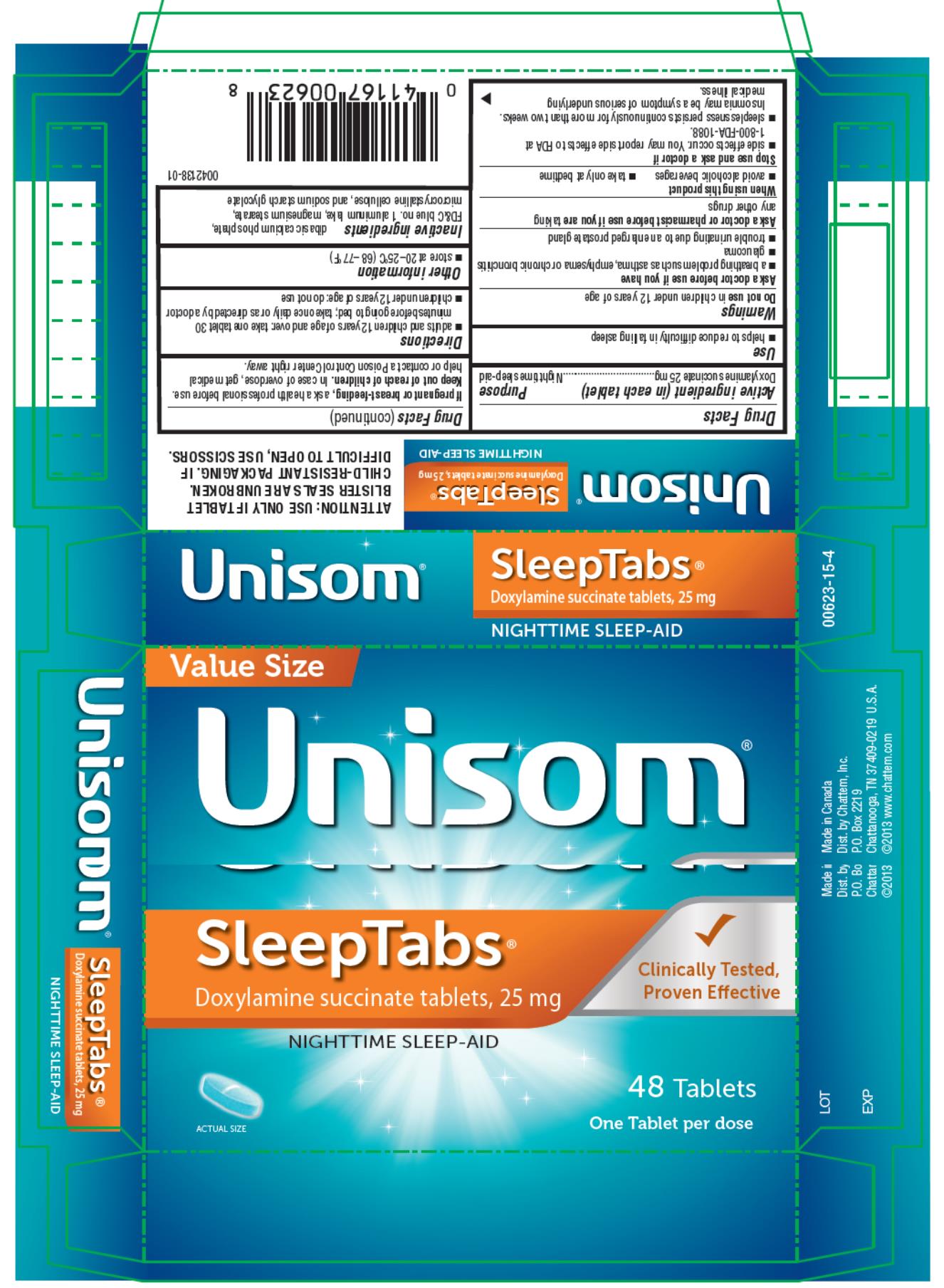 Value Size
Unisom® SleepTabs®
Doxylamine succinate tablets, 25 mg 
NIGHTTIME SLEEP-AID
48 Tablets
One Tablet per dose 
