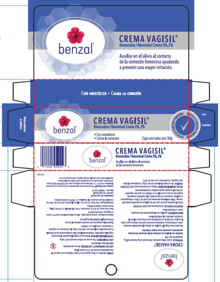 PRINCIPAL DISPLAY PANEL
Benzal Crema Vagisil 
Benzocaína / Resorcinol Crema 5%, 2%
Con anestésico
Calma la comezón
Caja con tubo con 30g
