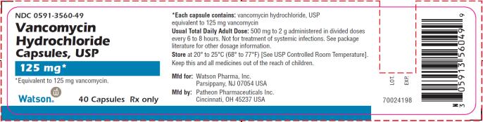 PRINCIPAL DISPLAY PANEL NDC 0591-3560-15 Vancomycin Hydrochloride Capsules, USP 125 mg* *Equivalent to 125 mg vancomycin. Not a Child Resistant Container 40 Capsules Watson® Rx only