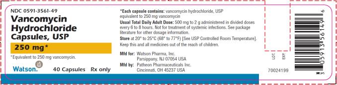 PRINCIPAL DISPLAY PANEL NDC 0591-3561-49 Vancomycin Hydrochloride Capsules, USP 250 mg* *Equivalent to 250 mg vancomycin. Not a Child Resistant Container 40 Capsules Watson® Rx only