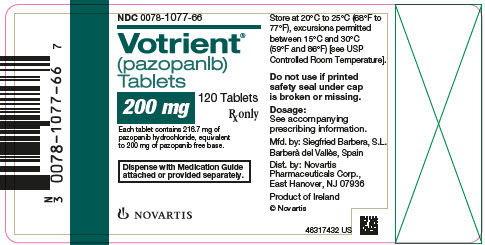 PRINCIPAL DISPLAY PANEL
									NDC 0078-1077-66
									Votrient®
									(pazopanlb)
									Tablets
									200 mg
									120 Tablets
									Rx only
									Each tablet contains 216.7 mg of pazopanib hydrochloride, equivalent to 200 mg of pazopanib free base.
									Dispense with Medication Guide attached or provided separately.
									NOVARTIS
							