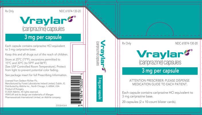 NDC 61874-130-20
Rx Only
Vraylar®
(cariprazine) capsules
3 mg per capsule
ATTENTION PRESCRIBER: PLEASE DISPENSE
MEDICATION GUIDE TO EACH PATIENT.
Each capsule contains cariprazine HCl equivalent to
3 mg cariprazine base.
20 capsules (2x10-count blister cards)

