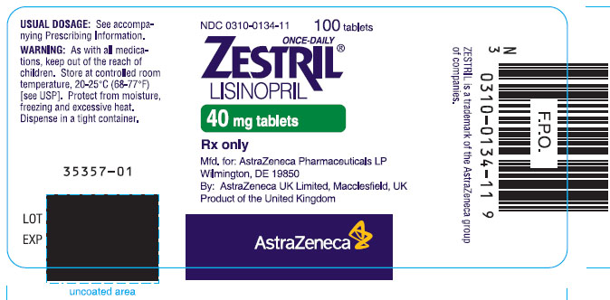 Zestril 40mg - 100 tablet count bottle label