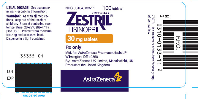 Zestril 30mg - 100 tablet count bottle label