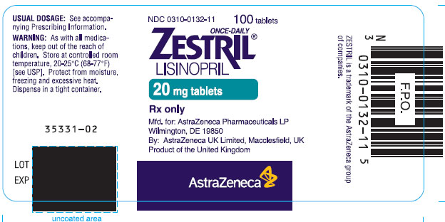 Zestril 20mg - 100 tablet count bottle label