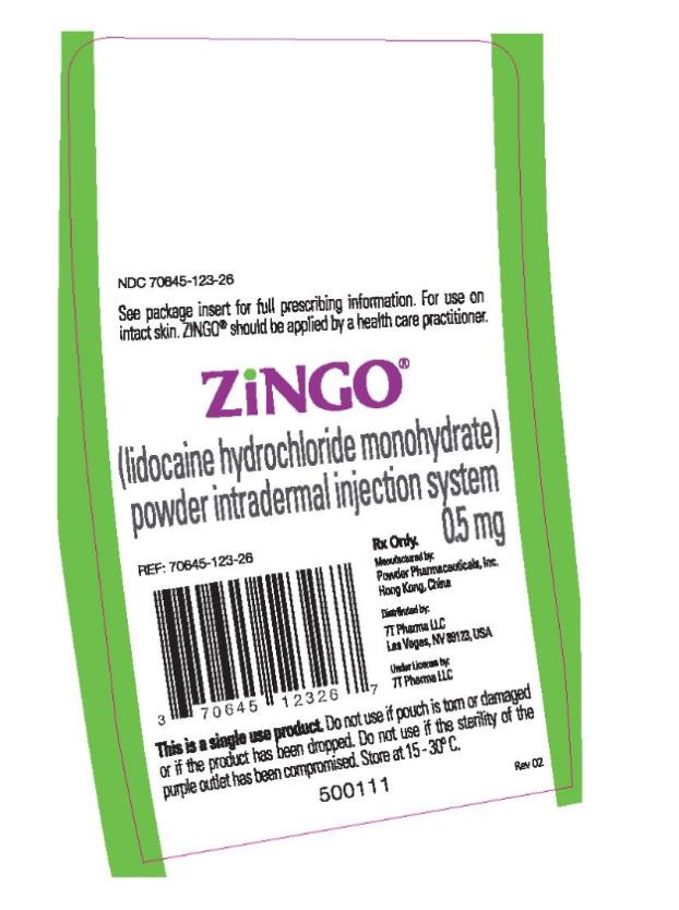 PRINCIPAL DISPLAY PANEL
NDC 70645-123-26
ZINCO®
(lidocaine hydrochloride monohydrate)
powder intradermal injection system
0.5 mg
contains 1 sterile unit
Rx Only

