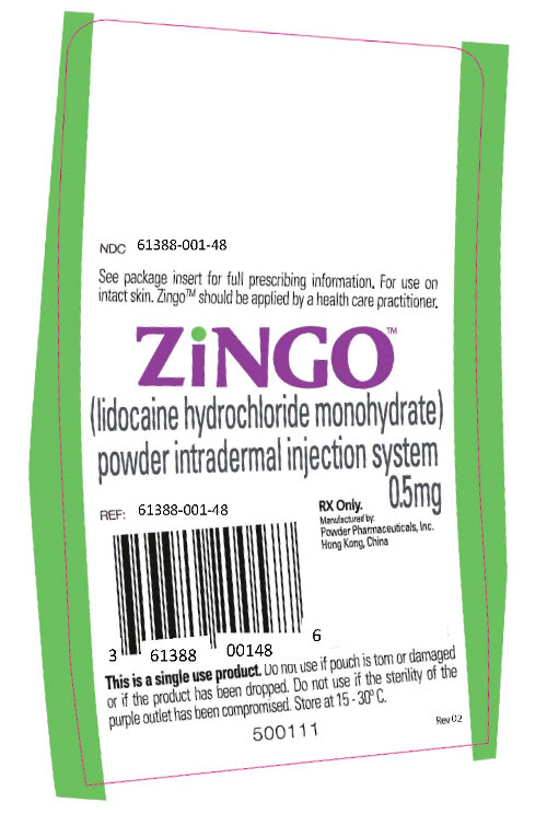 NDC 61388-001-48 Zingo ™ (lidocaine hydrochloride monohydrate) powder intradermal injection system 0.5mg RX only. Manufactured by: Powder Pharmaceuticals, Inc. Hong Kong, China