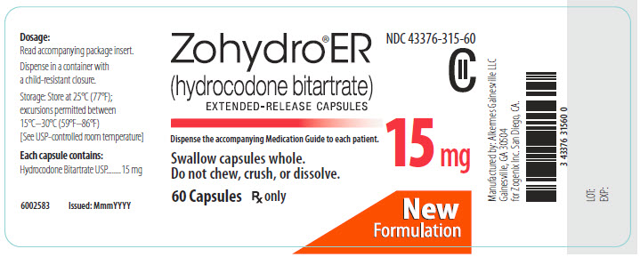 NDC 43376-315-60 Zohydro ER (hydrocodone bitartrate) Extended-Release Capsules 15 mg 60 Capsules Rx Only