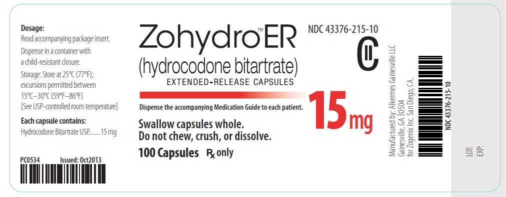 NDC 43376-215-10 CII Zohydro ER (hydrocodone bitartrate) Extended-Release Capsules 15 mg 100 Capsules Rx Only
