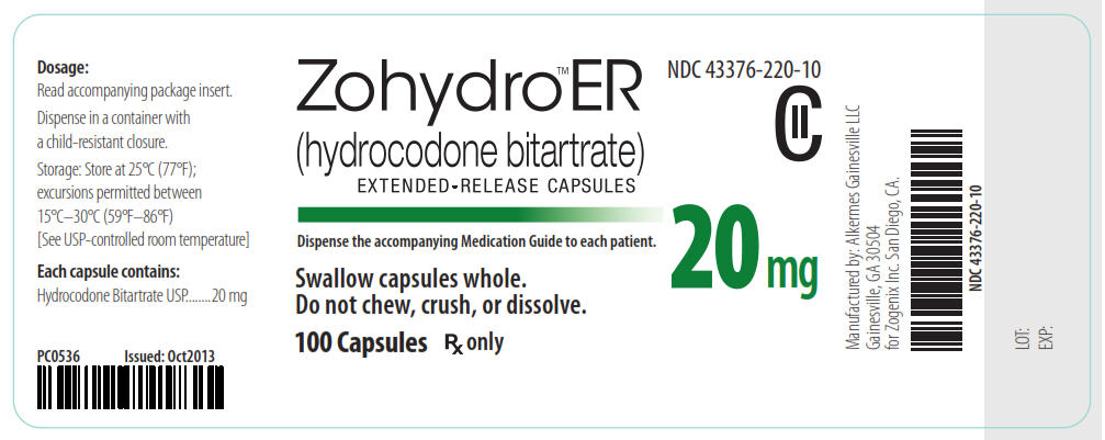 NDC 43376-220-10 CII Zohydro ER (hydrocodone bitartrate) Extended-Release Capsules 20 mg 100 Capsules Rx Only