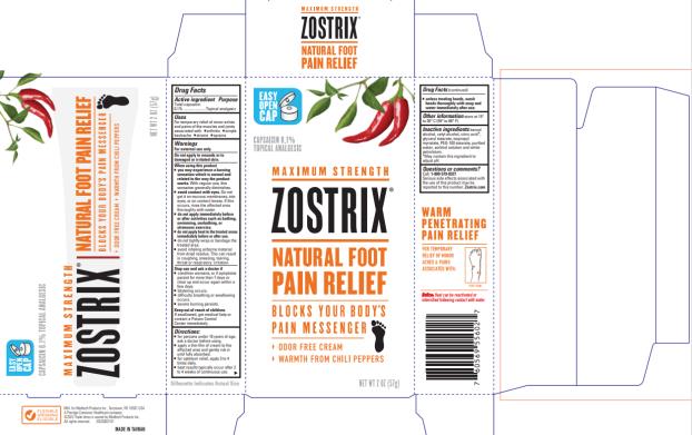 MAXIMUM STRENGTH
ZOSTRIX®
NATURAL FOOT PAIN RELIEF
Capsaicin 0.1% Topical Anagesic
BLOCKS YOUR BODY’S PAIN MESSENGER
• ODOR FREE CREAM
• WARMTH FROM CHILI PEPPERS
 Net Wt. 2 oz. (57 g) 

