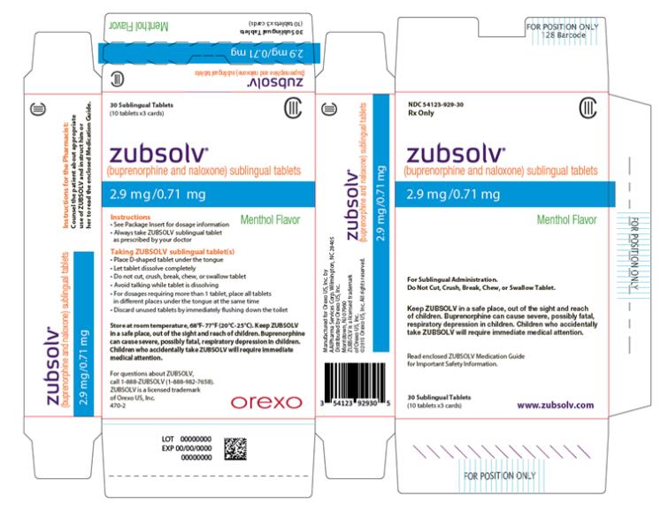 PRINCIPAL DISPLAY PANEL
NDC 54123-929-30
Rx Only 
CIII
zubsolv® 
(buprenorphine and naloxone) sublingual tablets
2.9 mg/0.71 mg 
Menthol Flavor
For Sublingual Administration.
Do Not Cut, Crush, Break, Chew, or Swallow Tablet. 
Keep ZUBSOLV in a safe place, out of the sight and reach
of children. Buprenorphine can cause severe, possibly fatal,
respiratory depression in children. Children who accidentally
take ZUBSOLV will require immediate medical attention. 
Read enclosed ZUBSOLV Medication Guide
for Important Safety Information.
30 Sublingual Tablets 
(10 tablets x3 cards)
www.zubsolv.com

