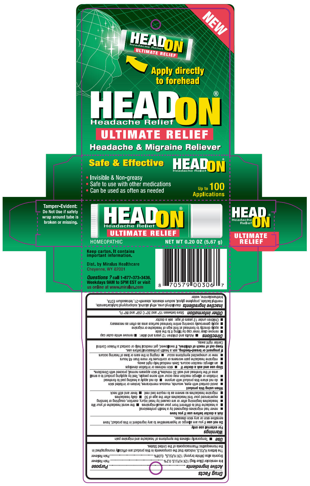 Headon Ultimate Relief (Iris Versicolor Root And Bryonia Alba Root) Stick [American Health Distributions Inc.]