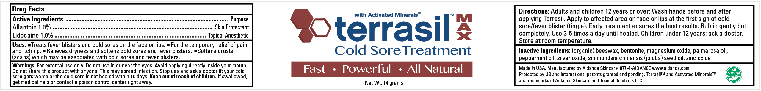 Terrasil Cold Sore Treatment Max (Allantoin 1.0%, Lidocaine 1.0%) Ointment [Aidance Skincare & Topical Solutions, Llc]